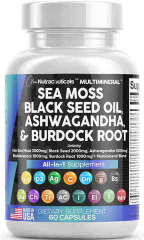 Clean Nutraceuticals Sea Moss Black Seed Oil Ashwagandha Turmeric Bladderwrack - 60 ct.