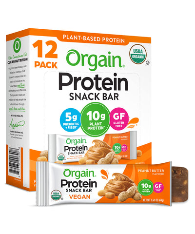 Orgain Organic Vegan Protein Bars, Peanut Butter - 10g Plant Based Protein, 1.41 Oz (12 Count)