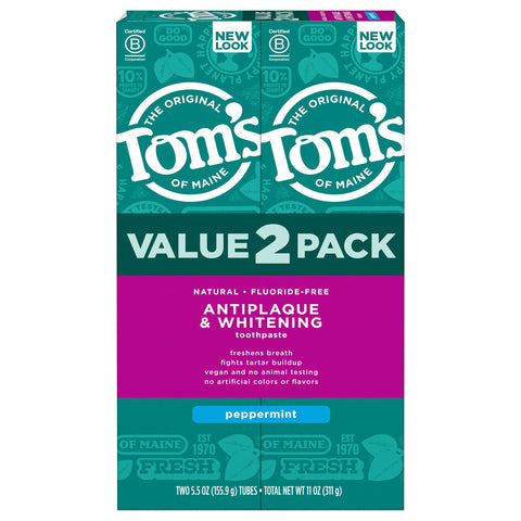 Tom's of Maine Fluoride-Free Antiplaque & Whitening Natural Toothpaste, Peppermint, 5.5 oz. 2-Pack