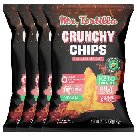 Mr. Tortilla's Crunchy Chips - 2oz Bags, 4-Pack (Spicy 3 Chiles)