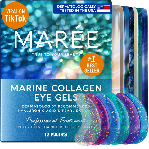 Maree Eye Gel Pads - Reduce Wrinkles, Puffy Eyes, Dark Circles, Eye Bags - Natural Marine Collagen - 12 Pair